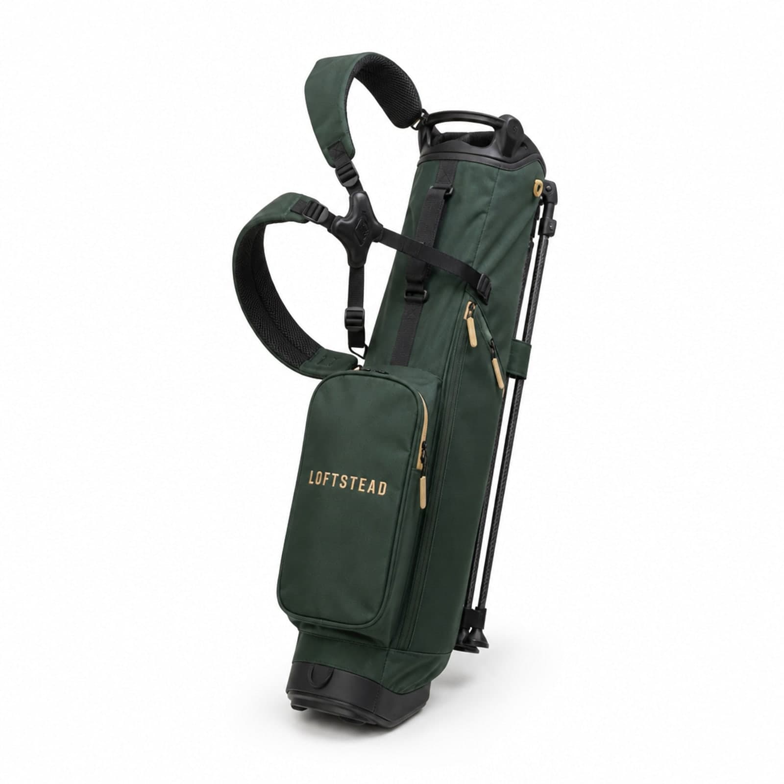 Loftstead Sunday Stand Bag in matte forest green with the Loftstead name on the pocket, front studio view